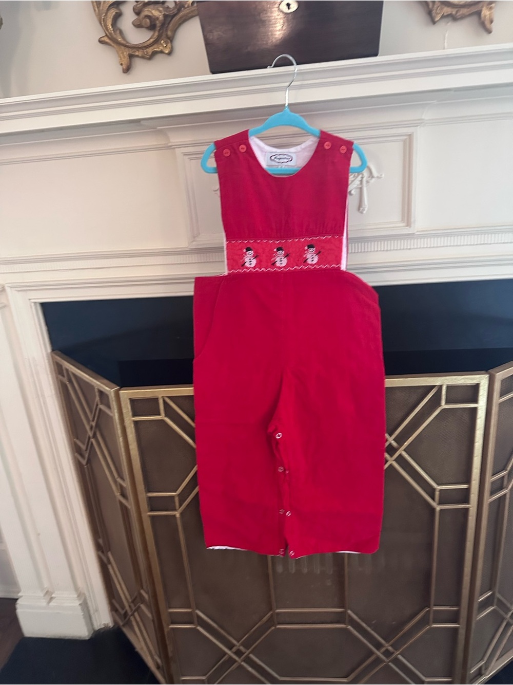 Jacqueline Brand, Red corduroy, Smocked Snowman boys longall, size 3t